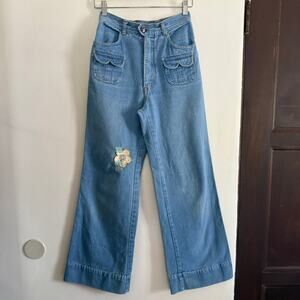 1970s Vintage CASTLE SQUARE Blue Bell Bottom Bareback Jeans with Patches | 26